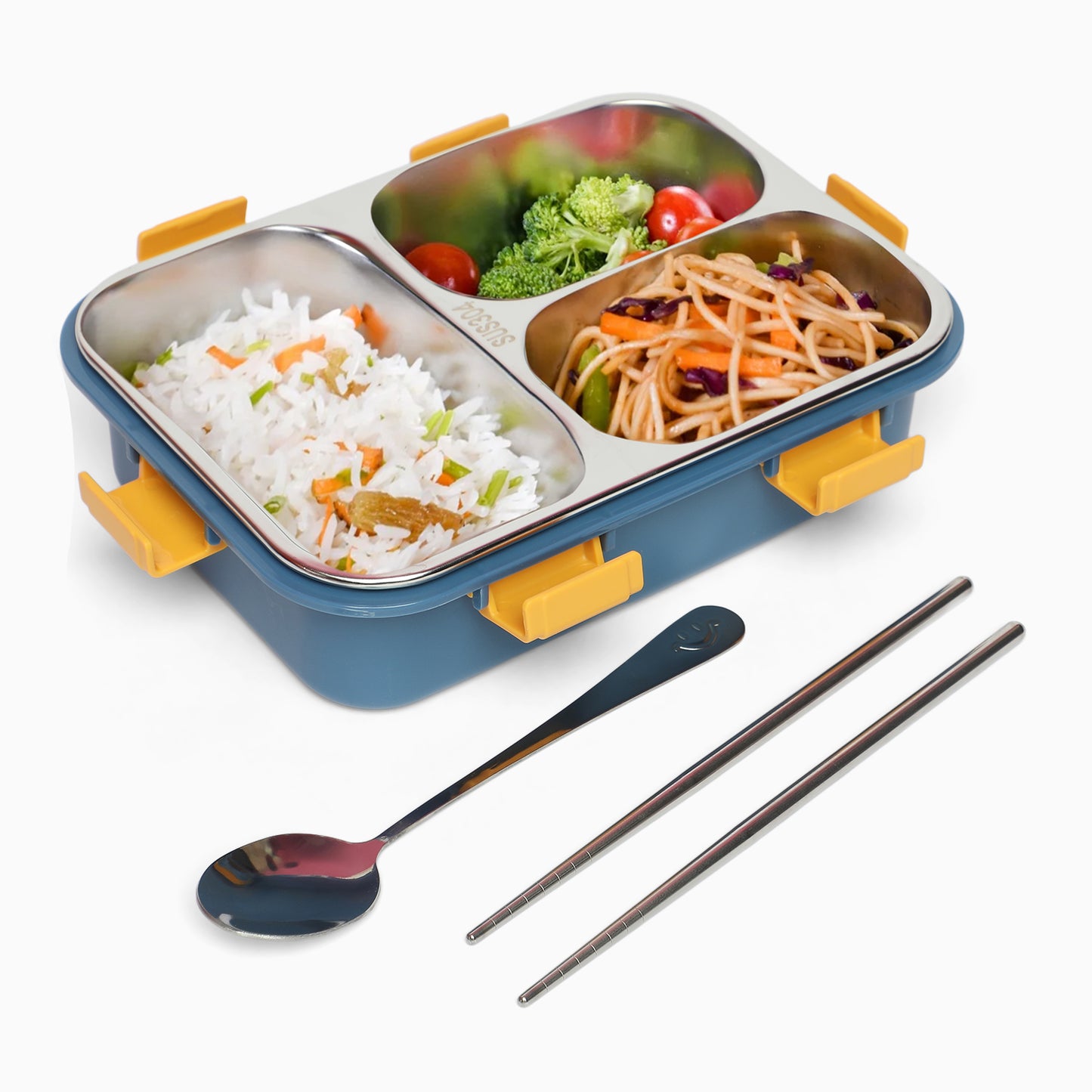 3 compartment Triple Grid stainless-Steel Lunch Box -750 ML (blue) - Kidspark