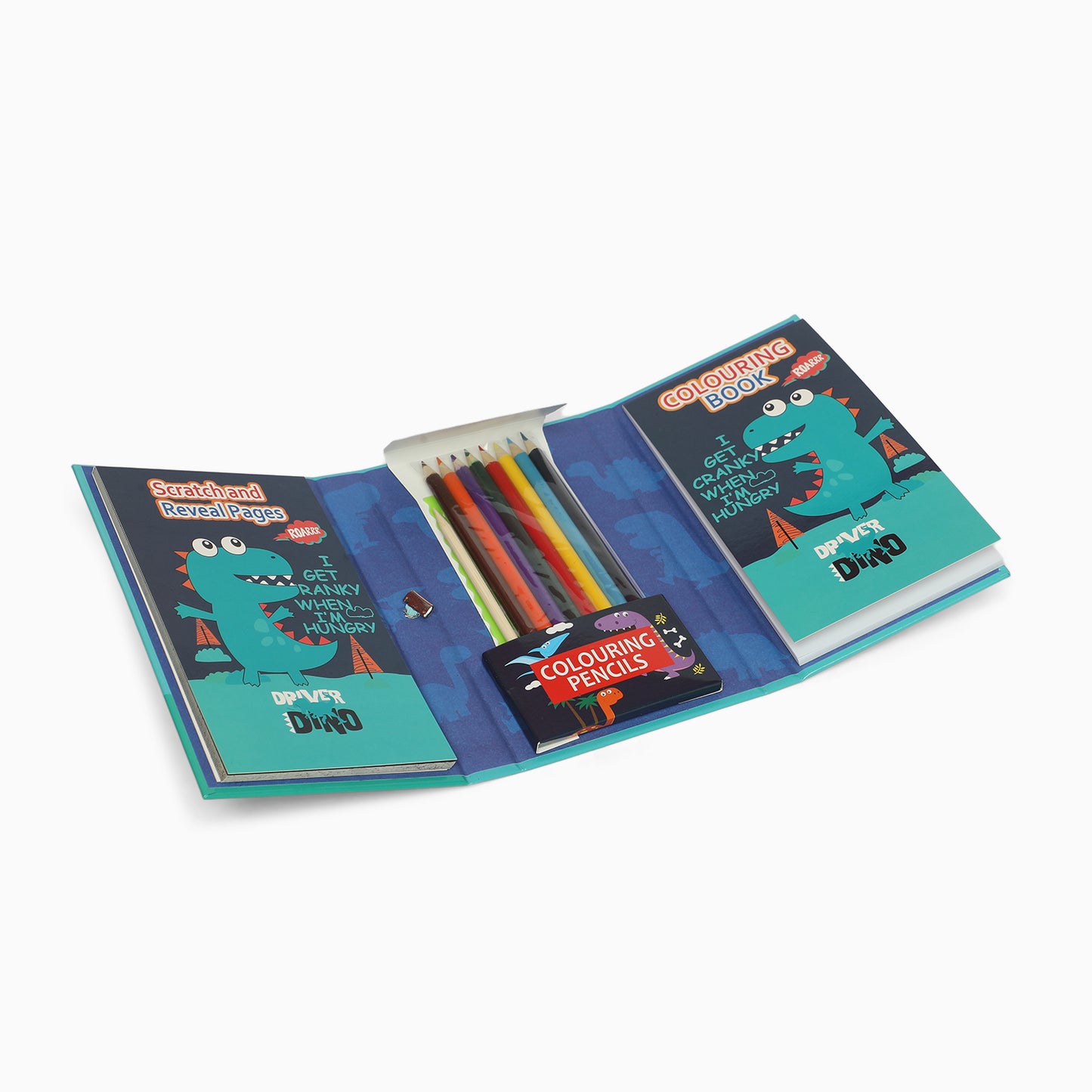 Dino 3 fold colouring book with scratch notes and colouring pencil & stencil - Kidspark