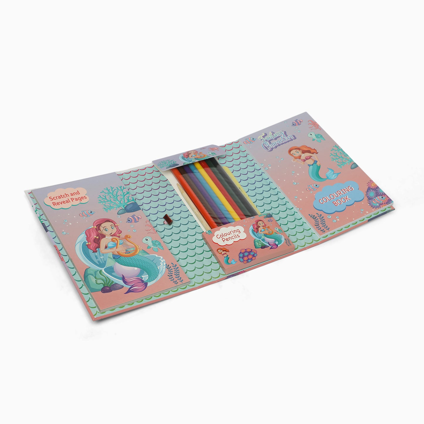 mermaid 3 fold colouring book with scratch notes, colouring pencil and stencil - Kidspark