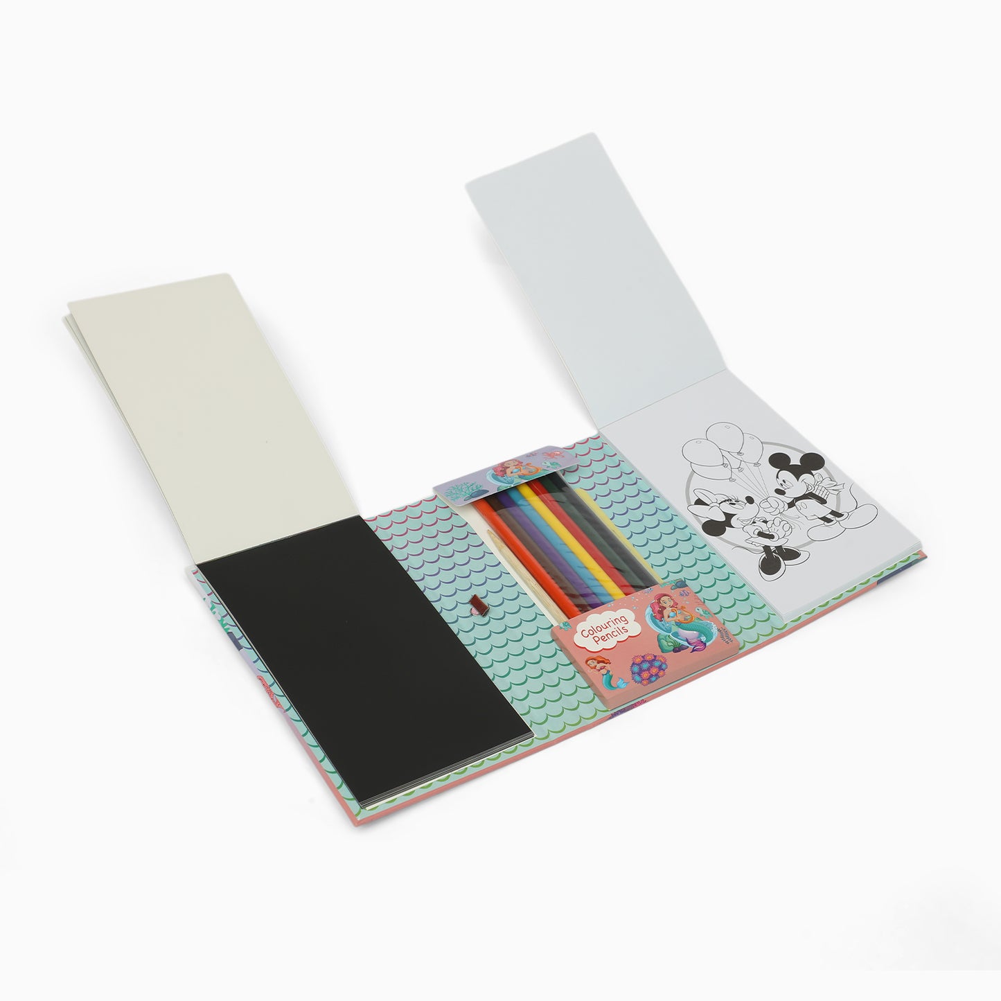 mermaid 3 fold colouring book with scratch notes, colouring pencil and stencil - Kidspark