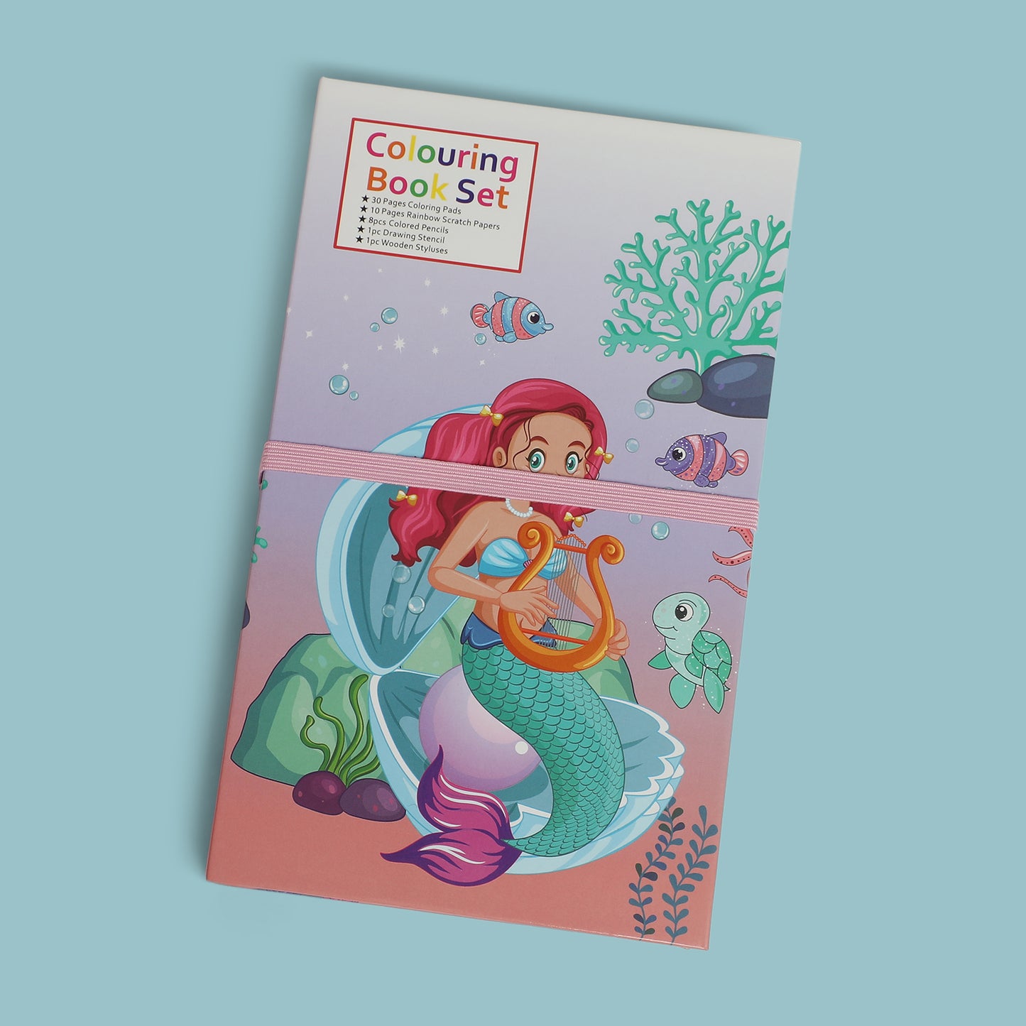 mermaid 3 fold colouring book with scratch notes, colouring pencil and stencil - Kidspark