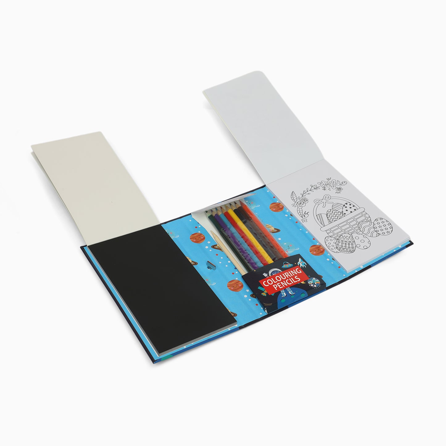 space 3 fold colouring book with scratch notes,colouring pencil and stencil - Kidspark