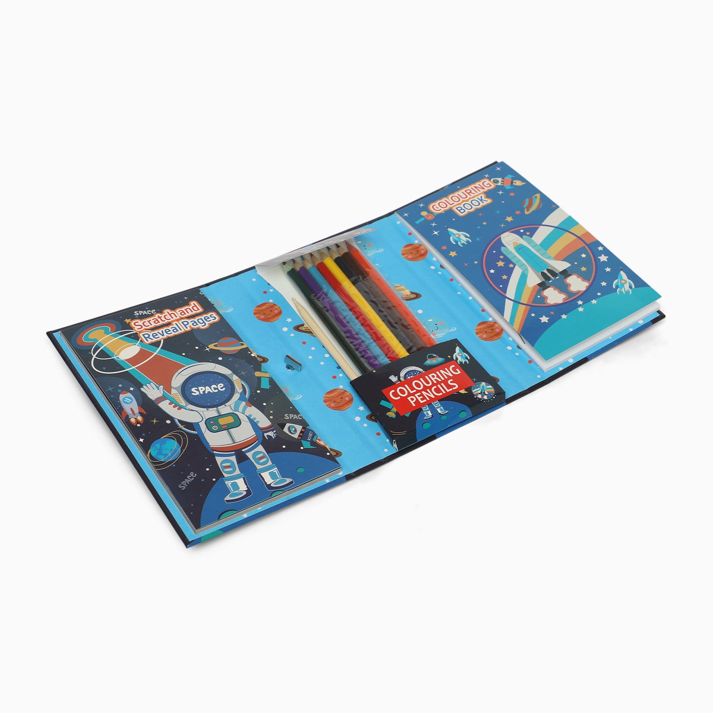 space 3 fold colouring book with scratch notes,colouring pencil and stencil - Kidspark