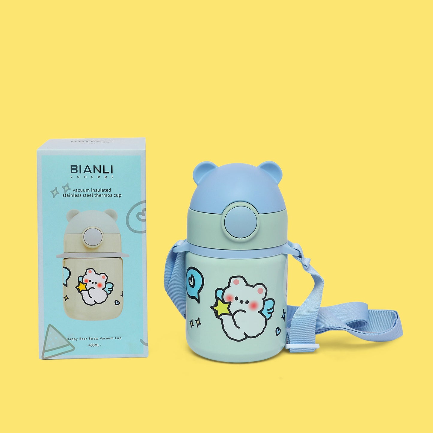 Happy bear insulated vacuum stainless steel thermos sipper bottle -400 mL (sky blue) - Kidspark