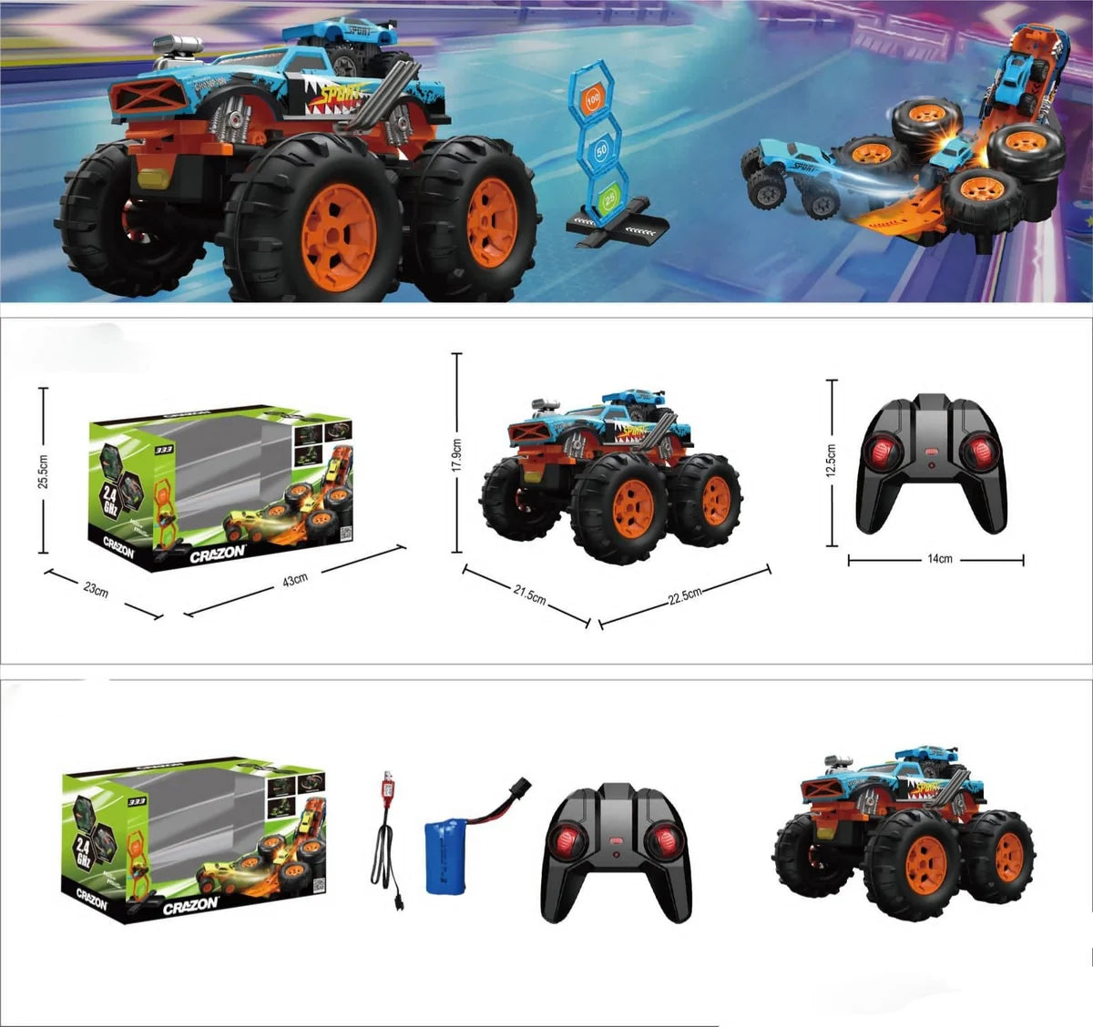 RC 2-in-1 Monster Launcher Track 333-TS251401 1:16 360° Flips 60min Play Kids