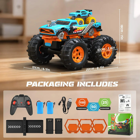 RC 2-in-1 Monster Launcher Track 333-TS251401 1:16 360° Flips 60min Play Kids