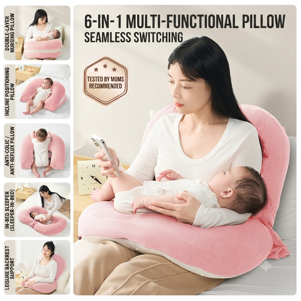 Kidspark 6-in-1 Multifunctional Baby Nursing Pillow | Free Hands | Inclined to Prevent Spitting Up and Regurgitation | Newborn Feeding Pillow