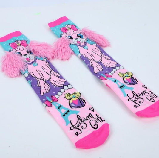 Premium quality 3D knee high puppy socks (pink purple)