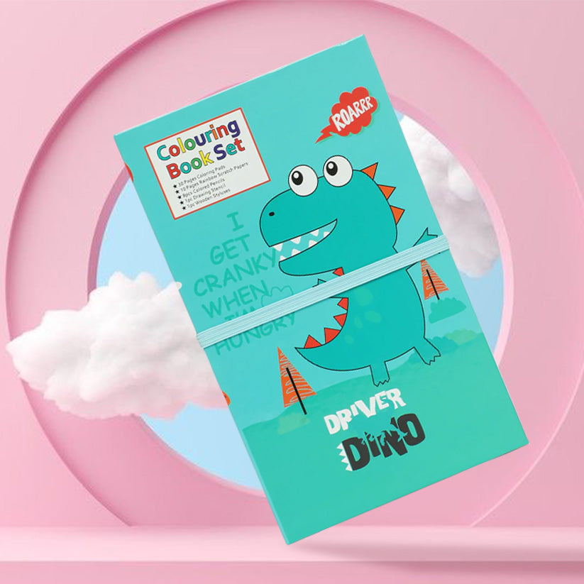 Dino 3 fold colouring book with scratch notes and colouring pencil & stencil