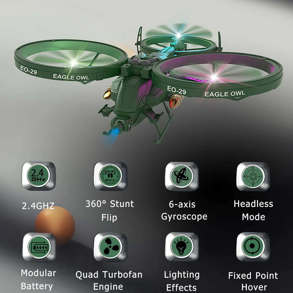 EO-29 Eagle Owl 6-Channel Fighter RC Drone with LED Lights
