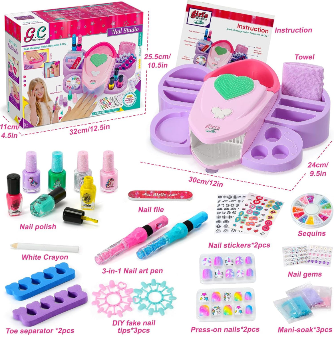 Kids Nail Polish Set for Girls Toy 6-12 Years Old, Nail Art Kit Storage Desk with Nail Dryer&Hand Massage Spa Kit, Kid Manicure Salon - Kidspark