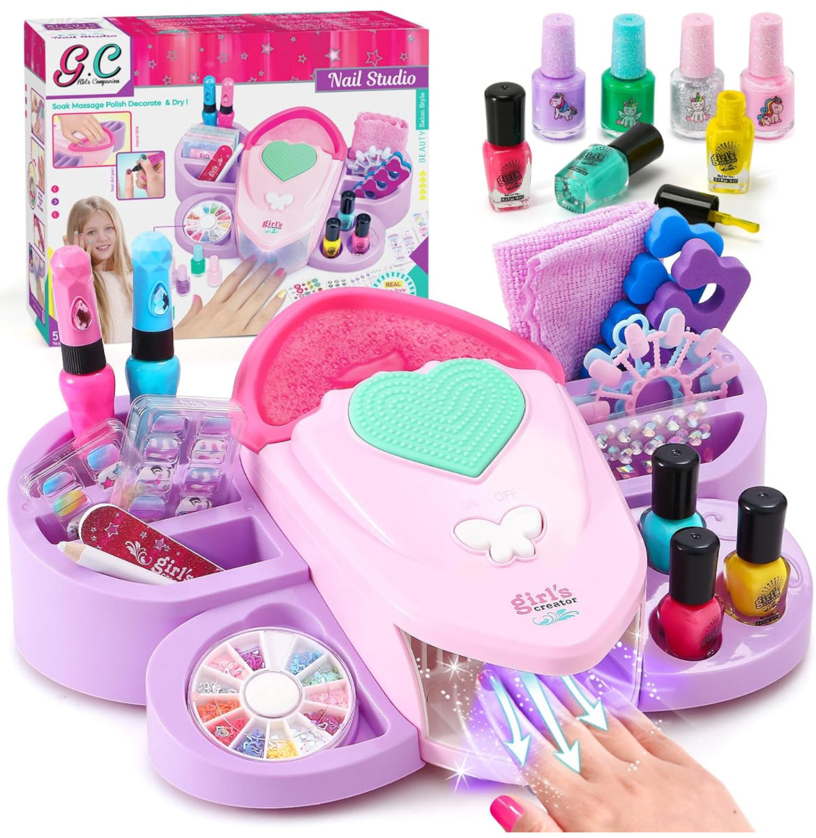 Kids Nail Polish Set for Girls Toy 6-12 Years Old, Nail Art Kit Storage Desk with Nail Dryer&Hand Massage Spa Kit, Kid Manicure Salon - Kidspark