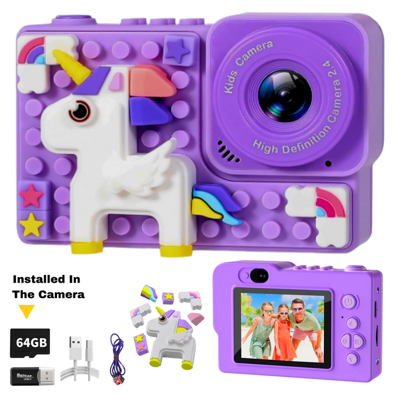 Kids Camera Dinosaur for years 3 to 8 Years Digital Camera for Children with Building Block Dual Lens 2.4 Inch HD Screen 64GB inbuilt music player and games - Kidspark