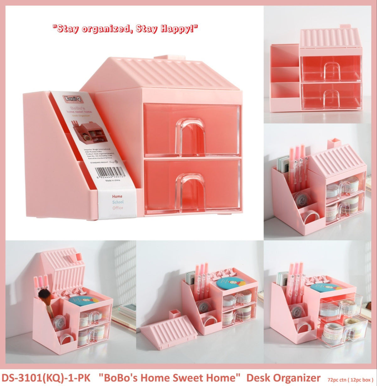 Stationary desk organizer with DIY stickers | Hut shaped (pink)