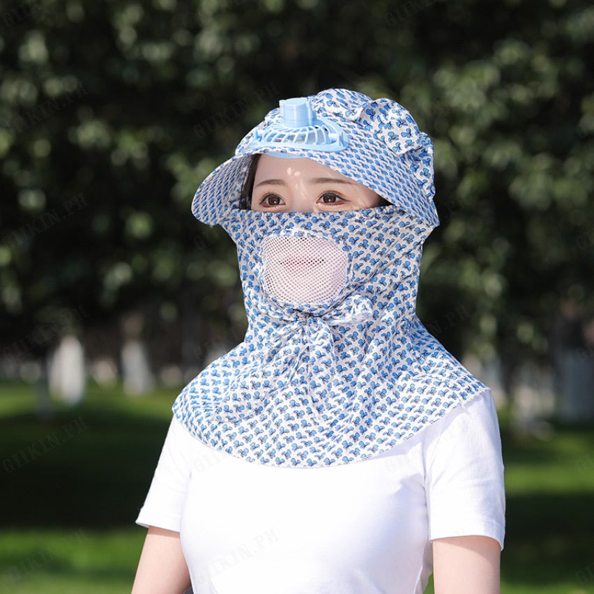 Kids/women USB charging face mask with fan breathable sun hat summer UV protection neck cover cap Visor blue bow