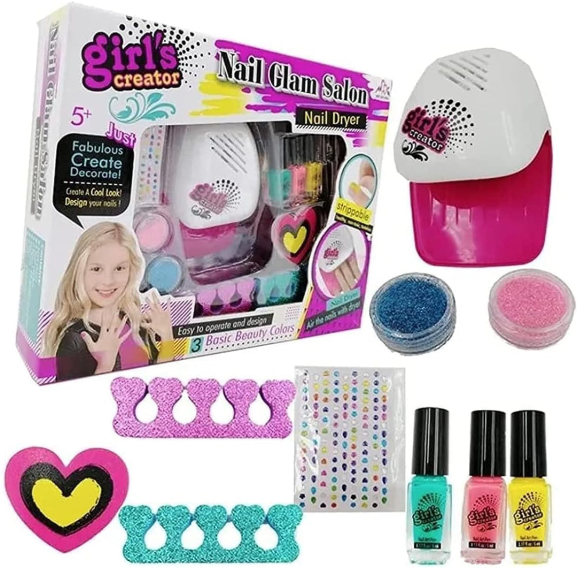 Kids Nail Polish Set, Glam Nail Salon, Pedicure and Manicure Kit, Girls Nail Kit 5-12 Years Old Girls Nail Salon Decoration Set with Nail Dryer 10 pcs set - Kidspark