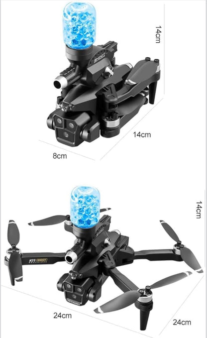 K11 MAX Folding Brushless Drone 3-Len Optical Flow RC Aircraft Aerial Photo Quadcopter Toy with Water Blaster Launch, Single Battery