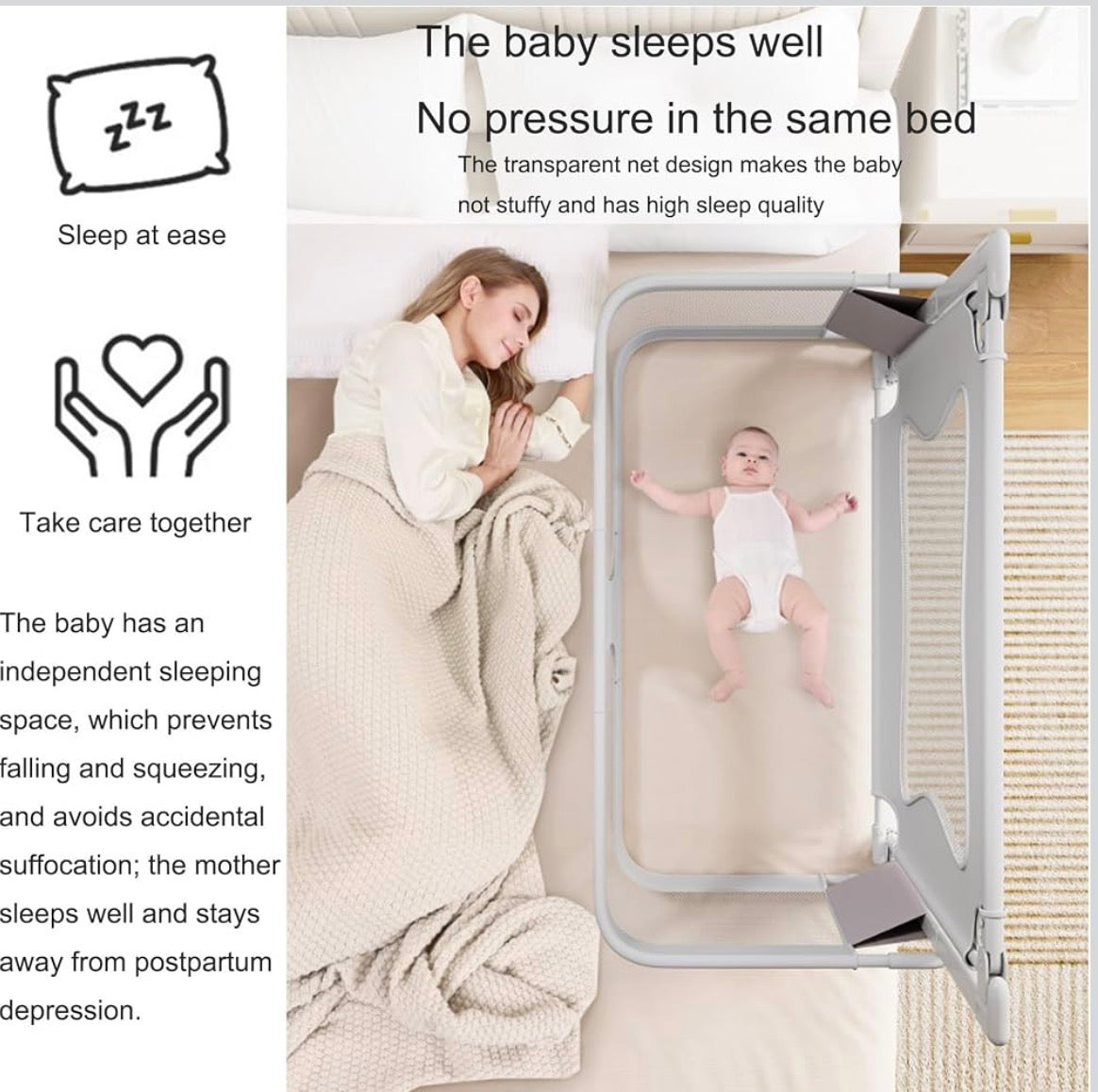 Kidspark 3 in 1 Bedside Crib | Cosleeping Crib | Folding Cot with Mosquito Net | Breathable Mesh Window| Adjustable Height