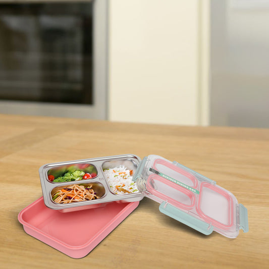 Stainless Steel 3-Compartment 1.2L Lunch Boxes: Durable and Eco-Friendly (pink)