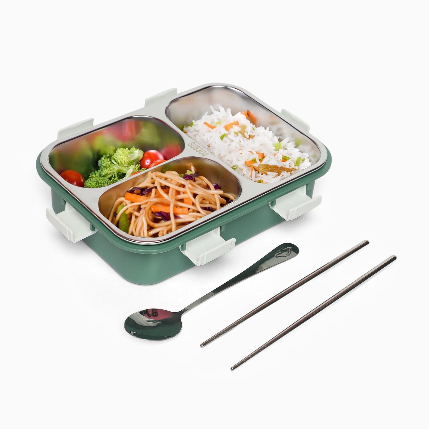 3 compartment Triple Grid stainless Steel Lunch Box -750 ML (green) - Kidspark