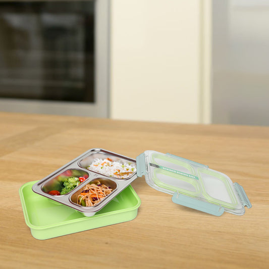 Stainless Steel 3-Compartment 1.2 L Lunch Boxes: Durable and Eco-Friendly (green)