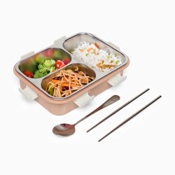Triple Grid Insulated Steel Lunch Box - 750 ML (Peach) - Kidspark