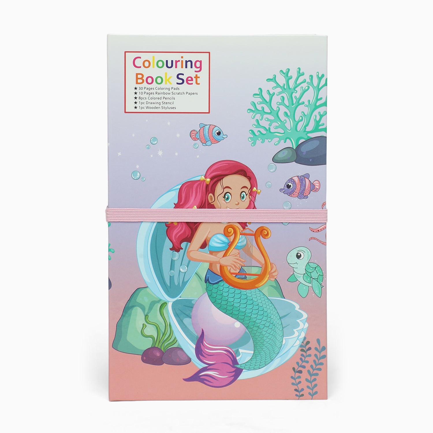 mermaid 3 fold colouring book with scratch notes, colouring pencil and stencil