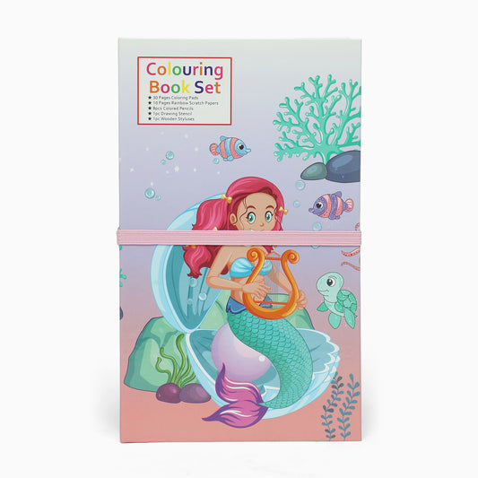 mermaid 3 fold colouring book with scratch notes, colouring pencil and stencil - Kidspark