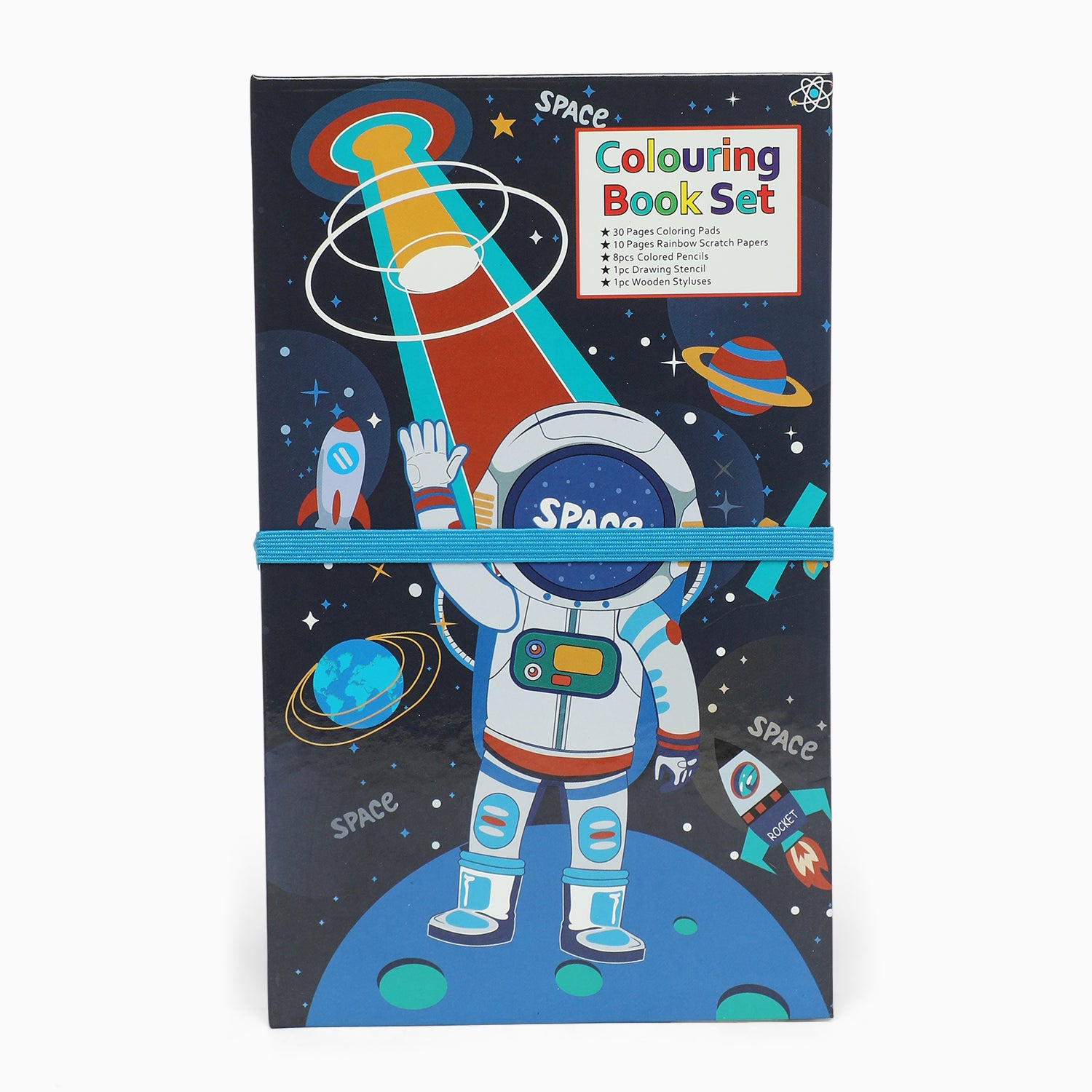 space 3 fold colouring book with scratch notes,colouring pencil and stencil