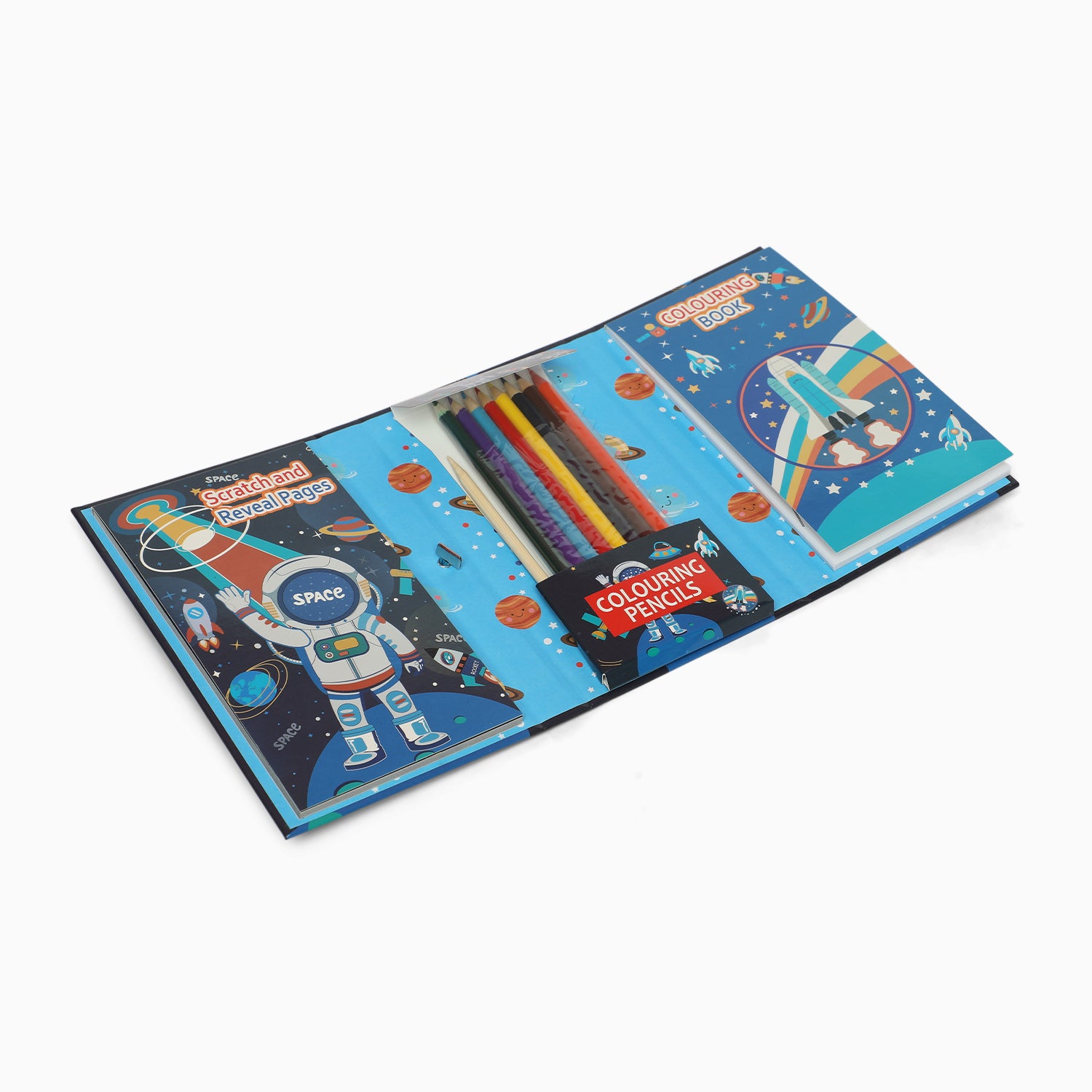 space 3 fold colouring book with scratch notes,colouring pencil and stencil
