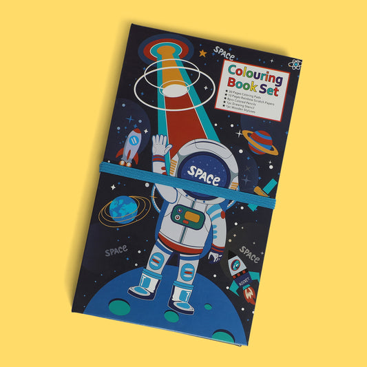 space 3 fold colouring book with scratch notes,colouring pencil and stencil - Kidspark