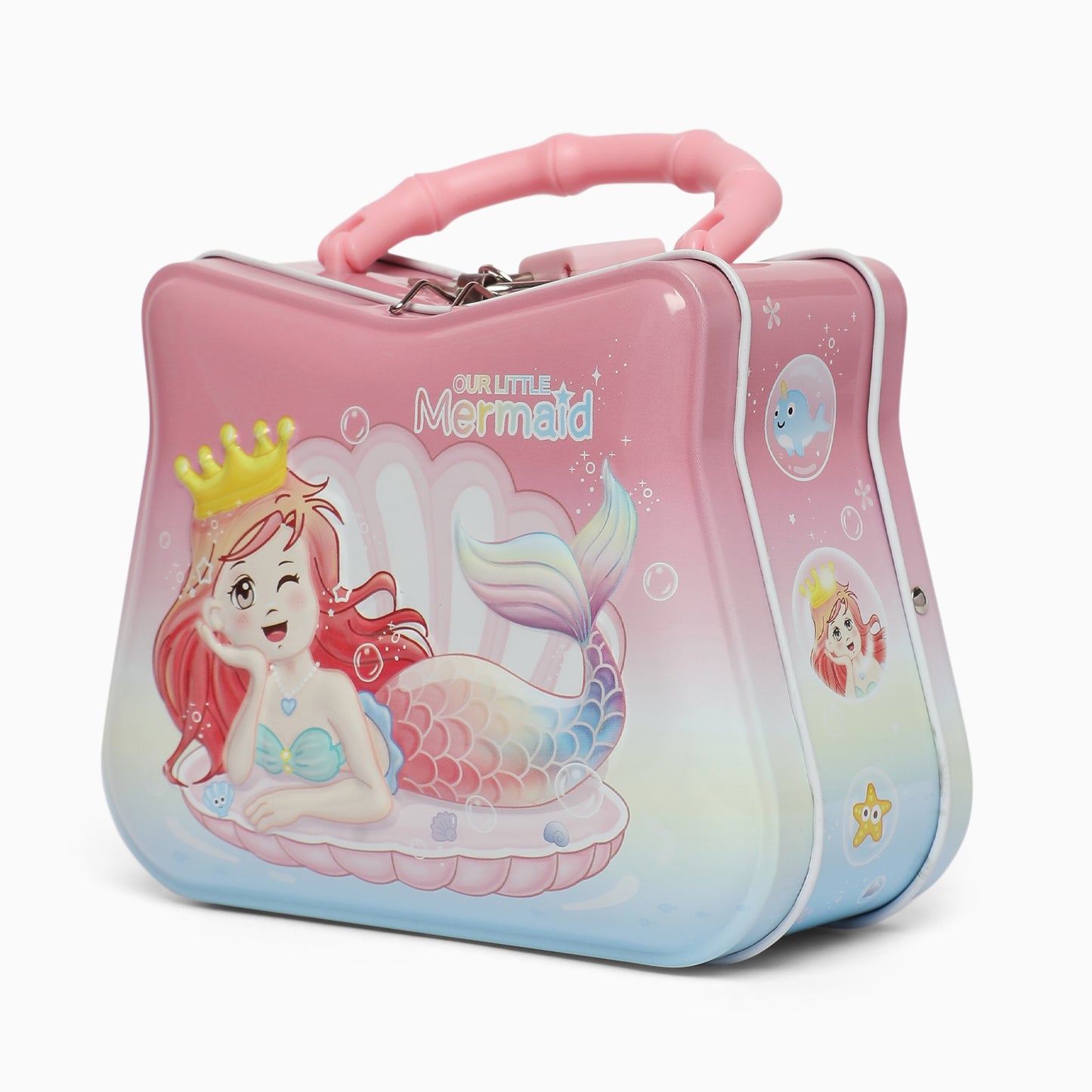 pink mermaid Small hand bag money bank with lock and key - Kidspark