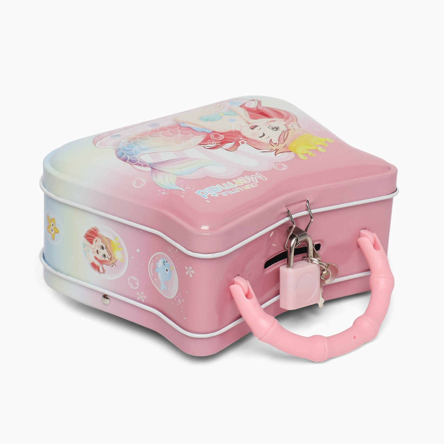 pink mermaid Small hand bag money bank with lock and key - Kidspark