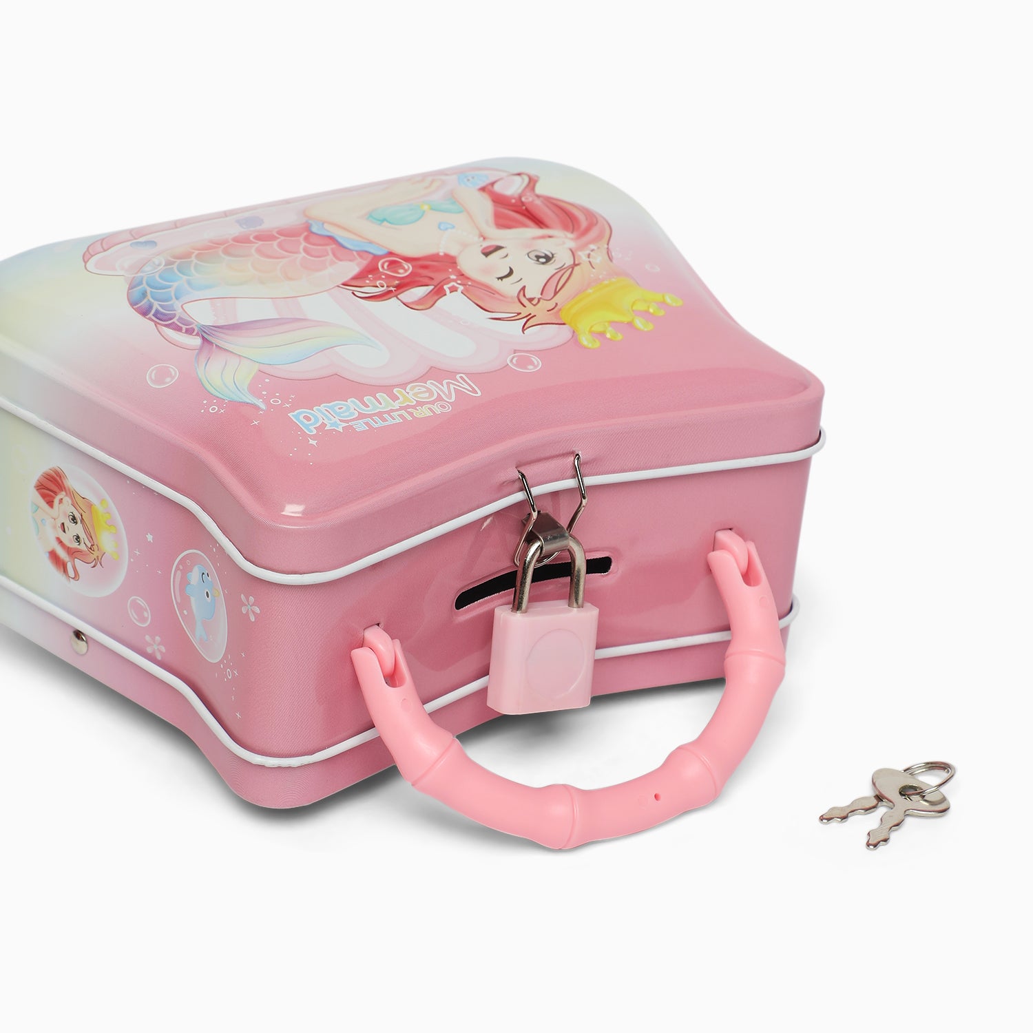 pink mermaid Small hand bag money bank with lock and key - Kidspark