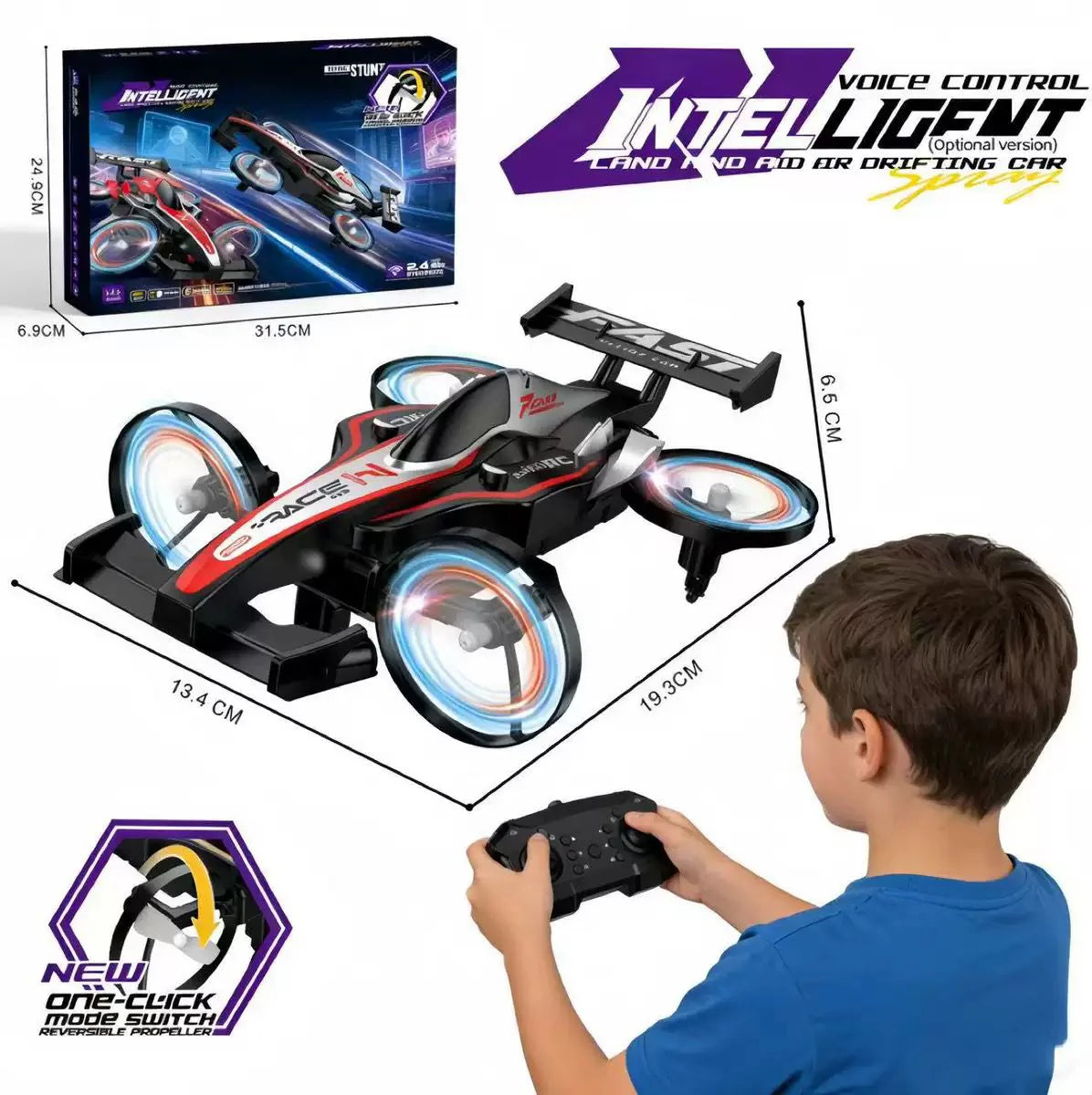 2-in-1 Flying Car Drone 1:20 RC Voice Control with Quadcopter Drift