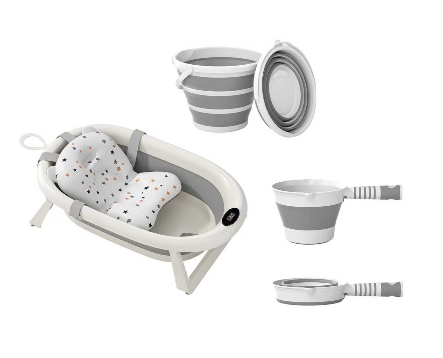 4 in 1 baby portable bath set | cushion | 2 x water ladle | Bucket | temperature monitor | EU standard quality