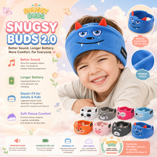 Snugsy Buds 2.0 | wireless headphones for white noise/music | eye mask