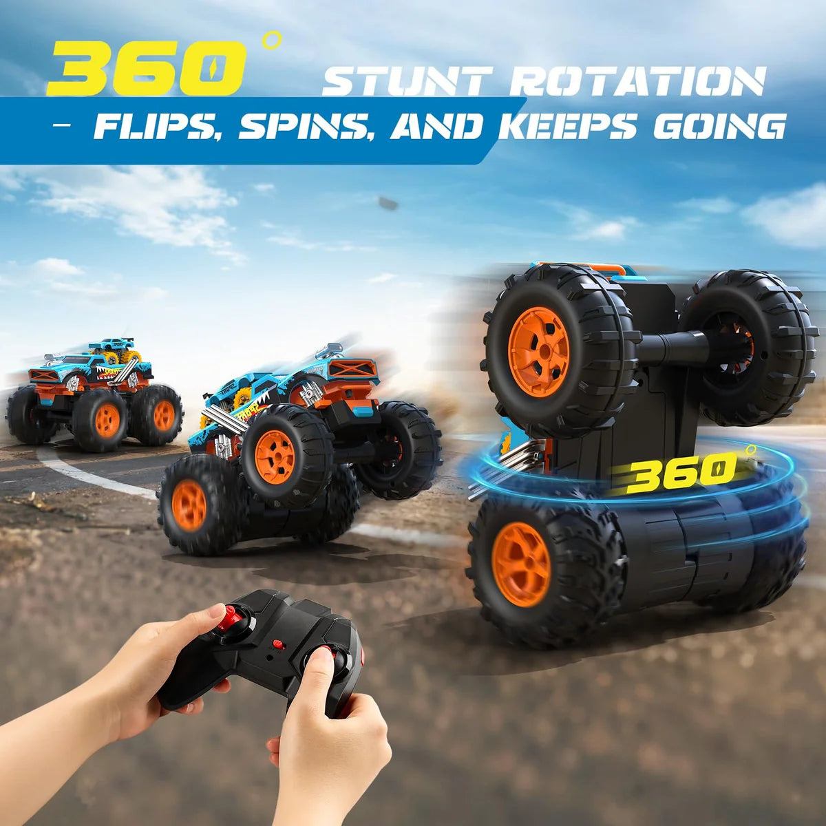RC 2-in-1 Monster Launcher Track 333-TS251401 1:16 360° Flips 60min Play Kids