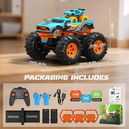 RC 2-in-1 Monster Launcher Track 333-TS251401 1:16 360° Flips 60min Play Kids
