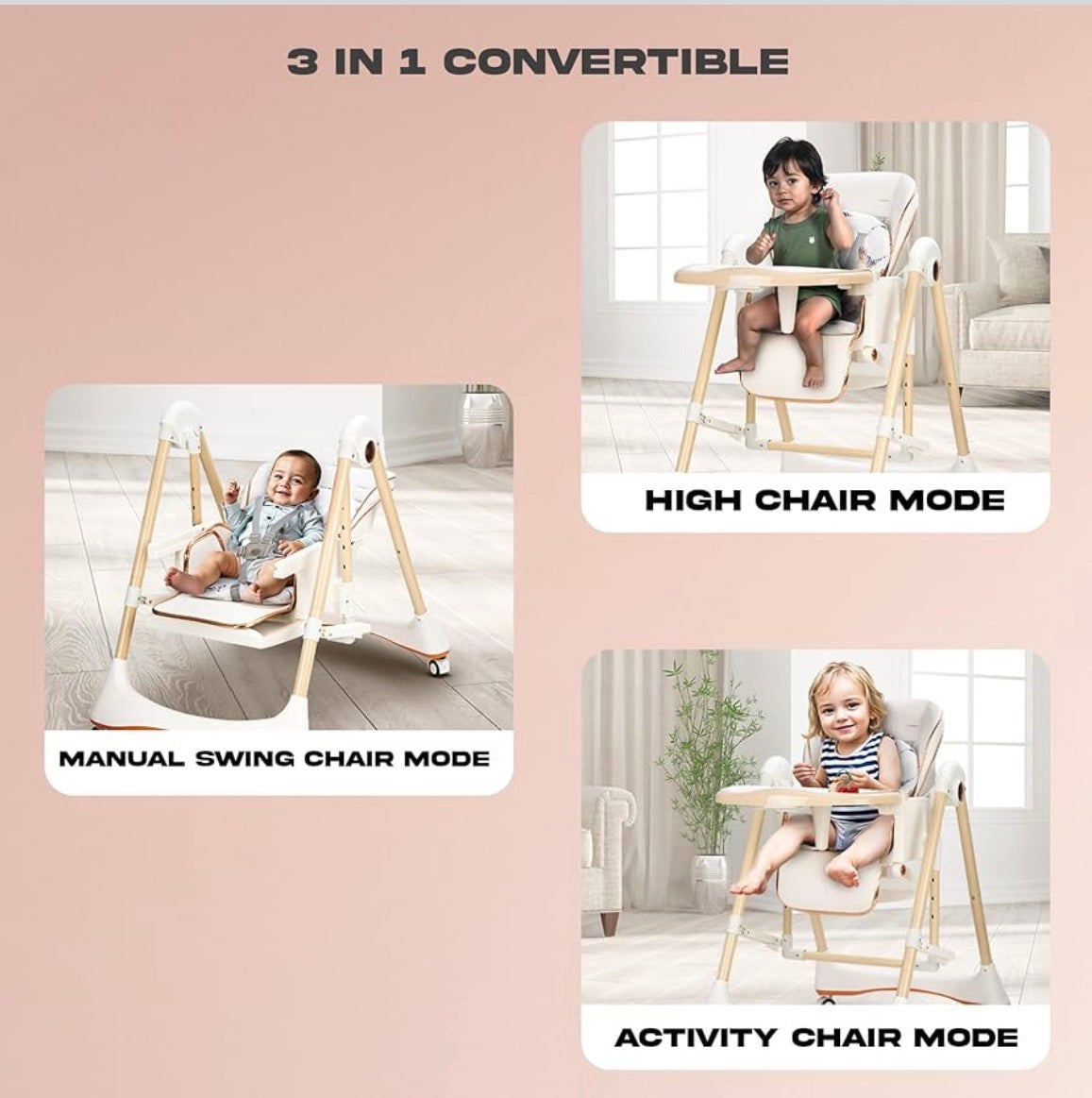 3-in-1 Convertible High Chair for Kids Adjustable Baby Feeding Chair with Swing | Recline | Detachable Tray | 5-Point Harness | Foldable Design | Multi-Height & Footrest Settings 6 Months to 5 Years