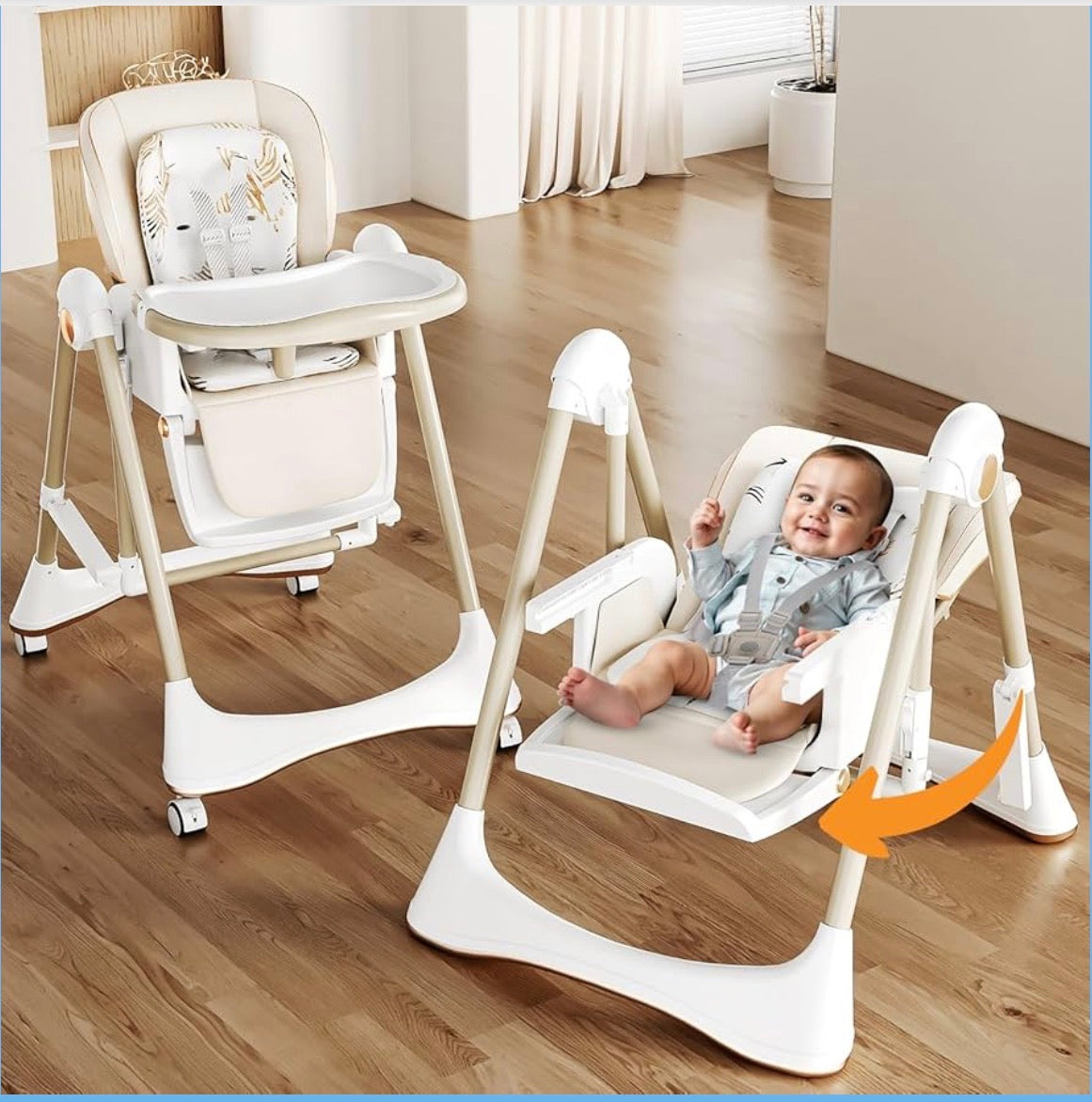 3-in-1 Convertible High Chair for Kids Adjustable Baby Feeding Chair with Swing | Recline | Detachable Tray | 5-Point Harness | Foldable Design | Multi-Height & Footrest Settings 6 Months to 5 Years