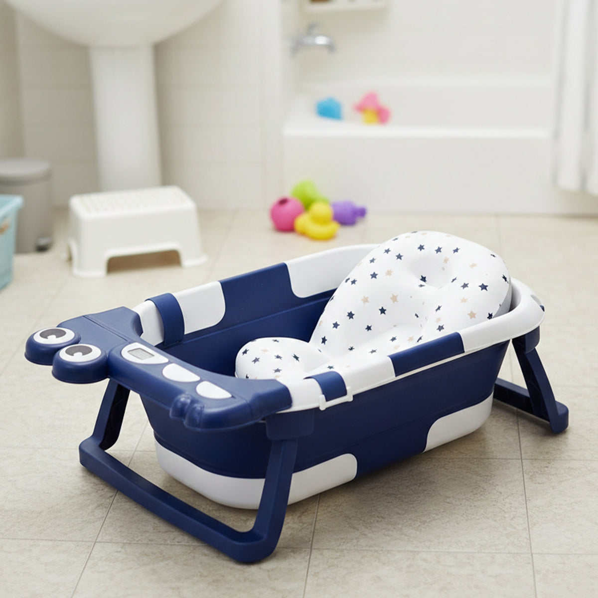 Portable baby bath tub 0-5 years | cushion | temperature monitor | EU standards quality
