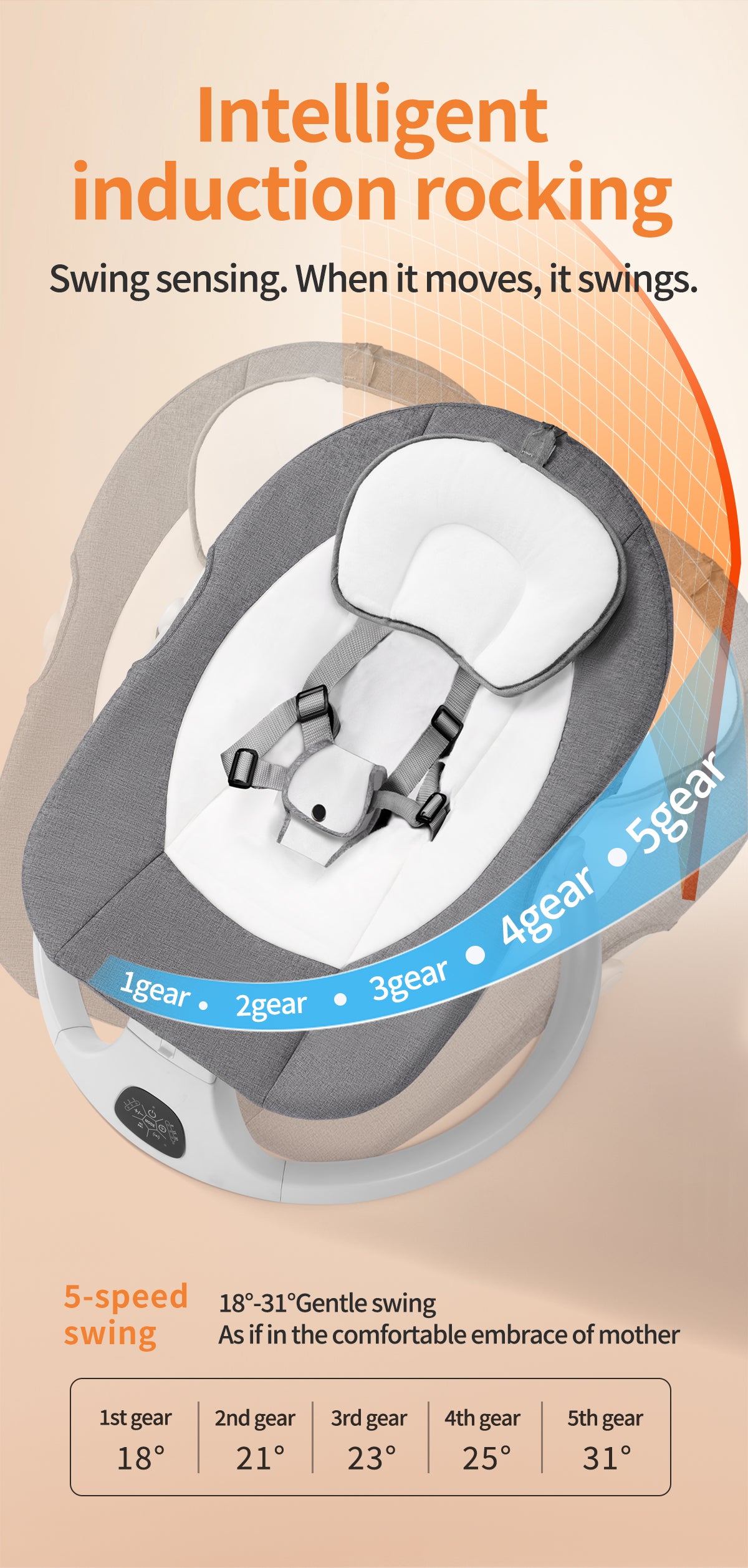 Baby Swing for Infants, Bluetooth Infant Swing with Music Speaker, Bluetooth Remote Control Timing Function with 5 Speeds, 4 Seat Positions,10 Music, 5 Point Harness Belt, recliner