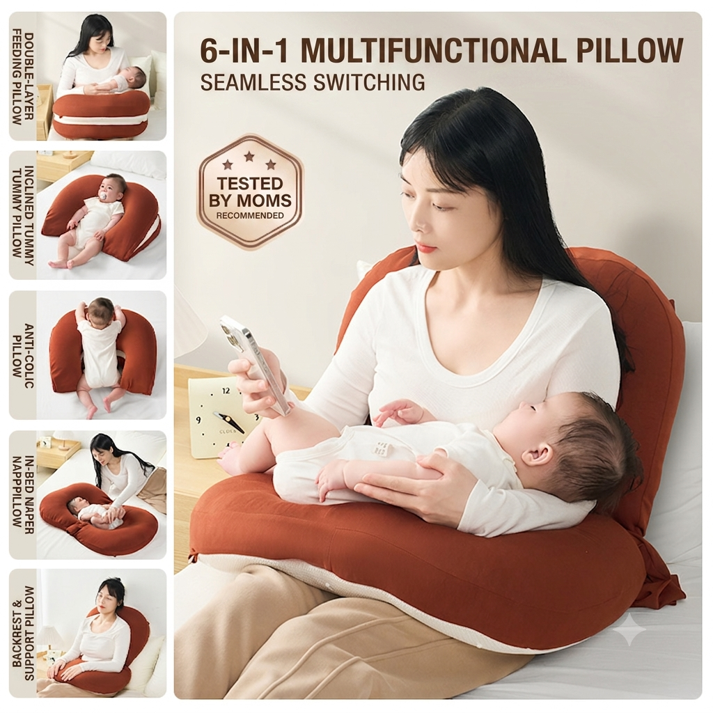 Kidspark 6-in-1 Multifunctional Baby Nursing Pillow | Free Hands | Inclined to Prevent Spitting Up and Regurgitation | Newborn Feeding Pillow