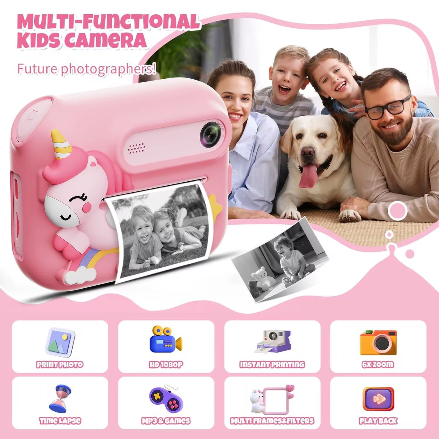 Print camera | 1080P | MP3 player | graffiti | games | stickers | 6 X zoom