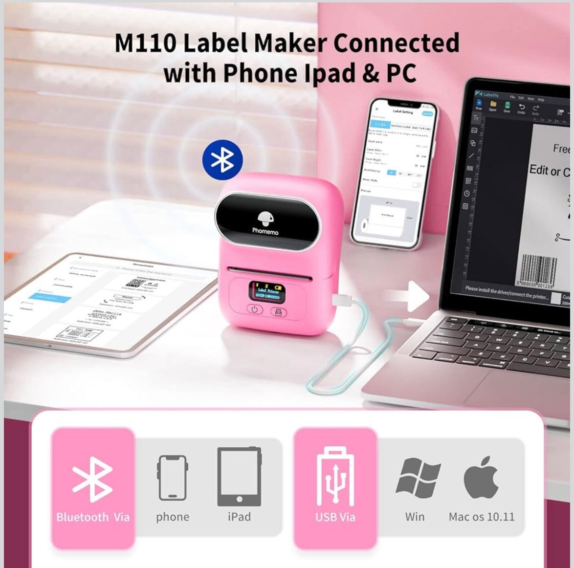 Portable mini wireless 203 dpi thermal label printer