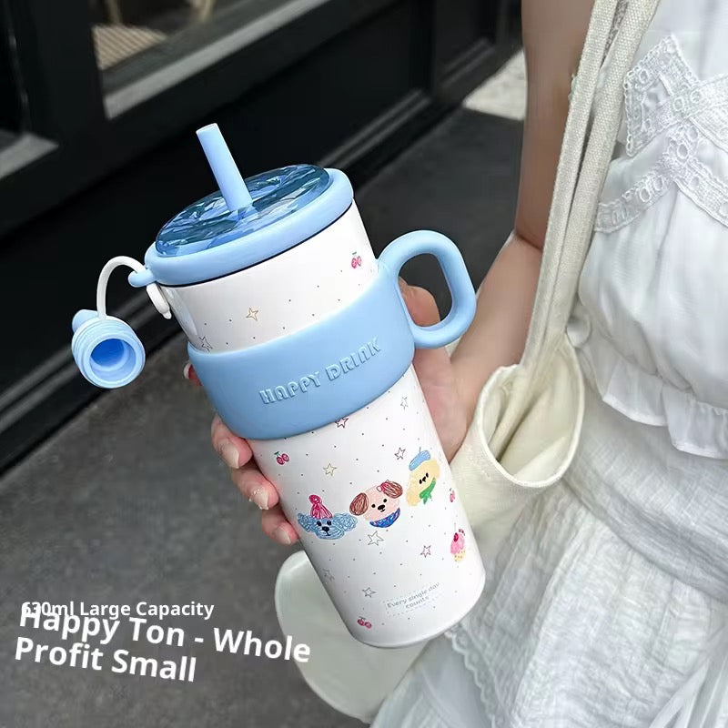 Happy drink! Steel thermos tumbler | Tea strainer | anti drop - 630 ml sipper
