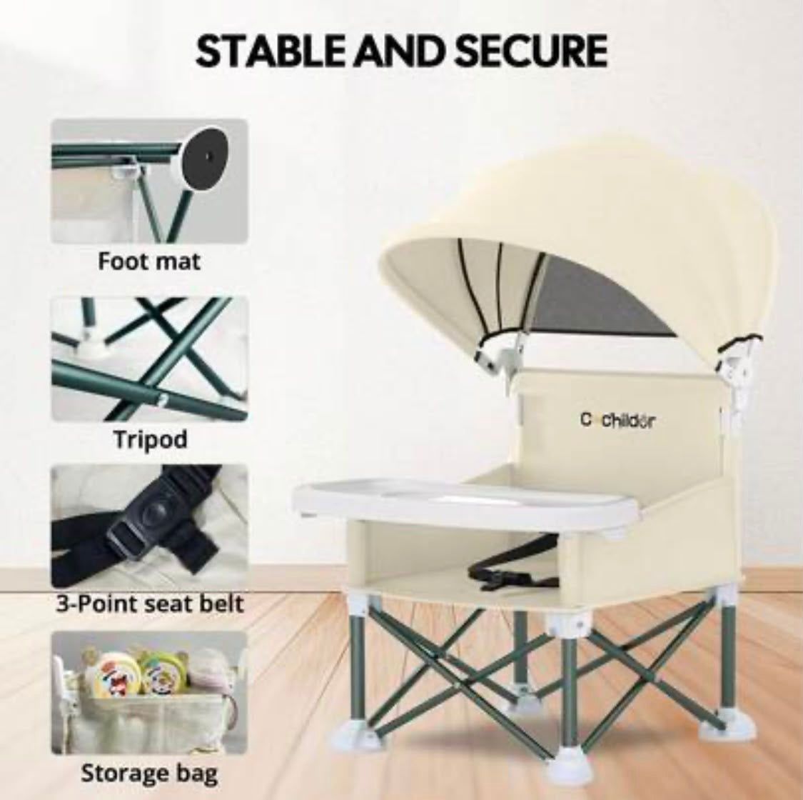 Kidspark Beachy Highchair | food tray | very portable | canopy | detachable