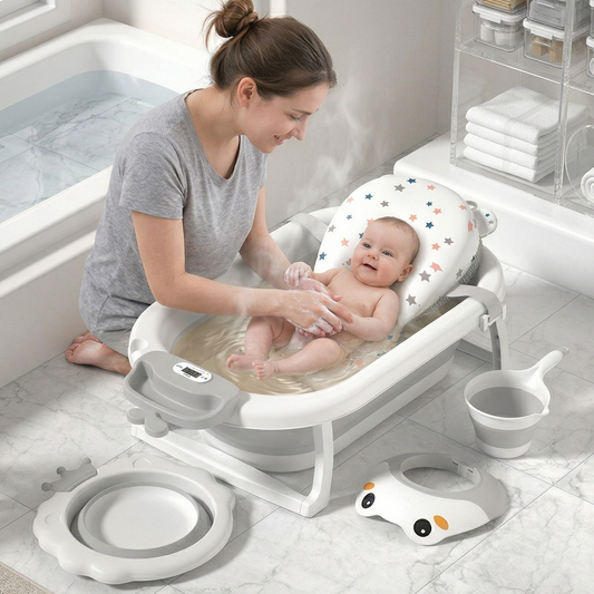 5 in 1 Baby portable bath set | non slip | thermometer | shower cap | cushion | EU standard quality