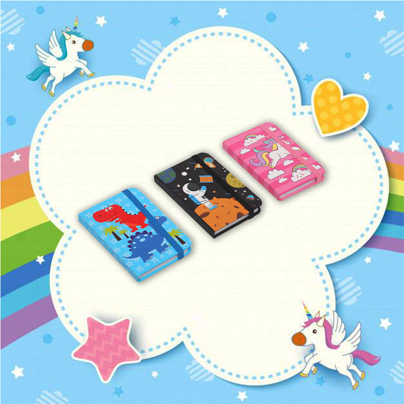 ZORSE fancy notebook with strap and whimsical illustrations, capturing a world of wonder Size-  4in X 3in  SMALL (space, unicorn, dino)